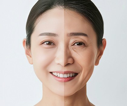 얼굴 왼쪽은 나이 든 모습, 오른쪽은 젊은 모습인 웃는 여성(합성 이미지)